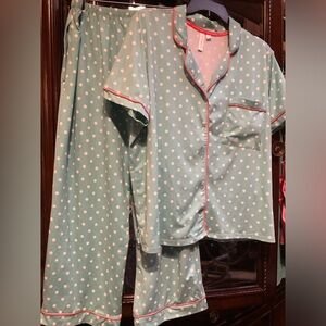Blueturquoise with White Polka Dots Pajama Set with Pink Piping